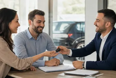 Cliente assinando contrato de transferência de veículo com um despachante.