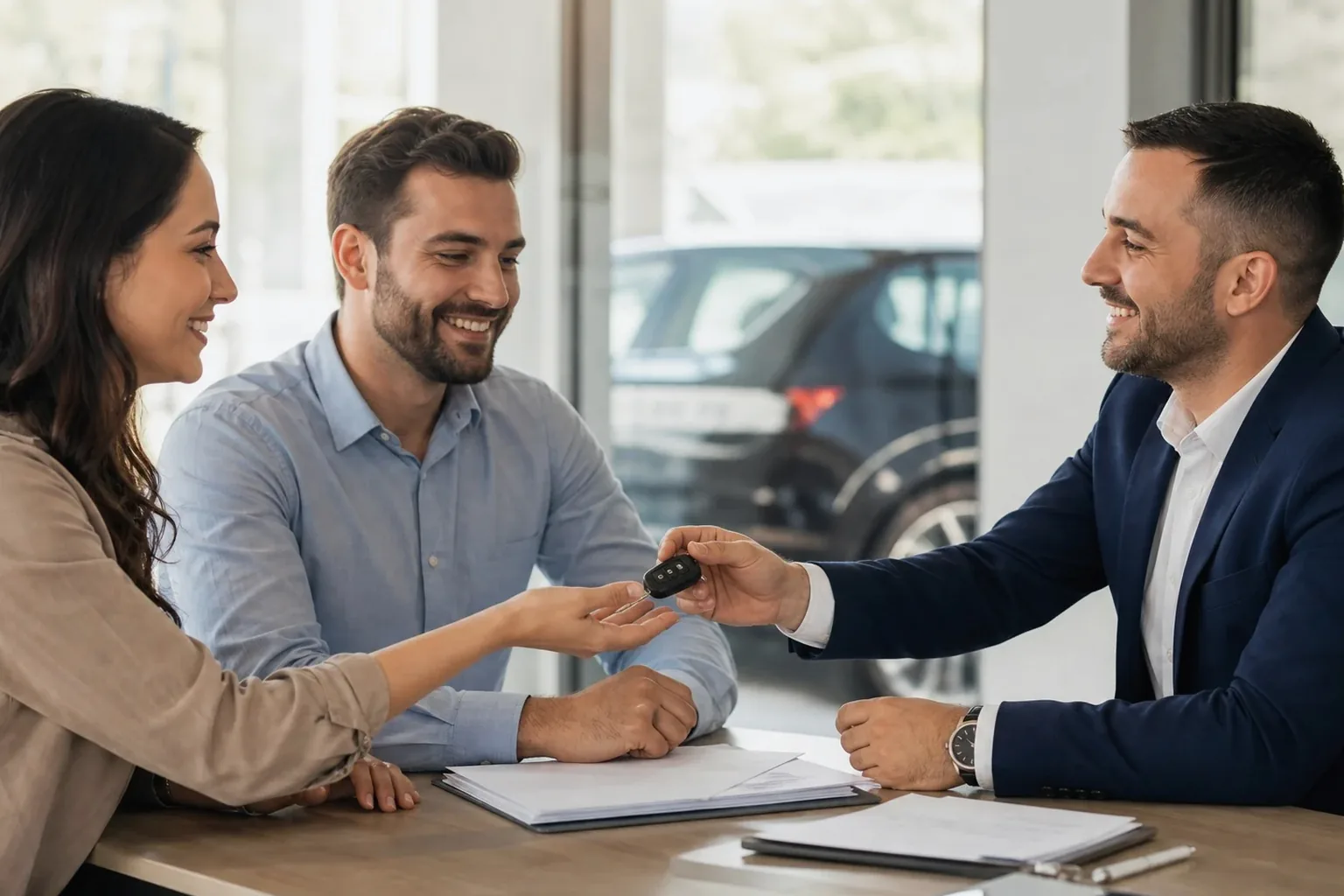 Cliente assinando contrato de transferência de veículo com um despachante.