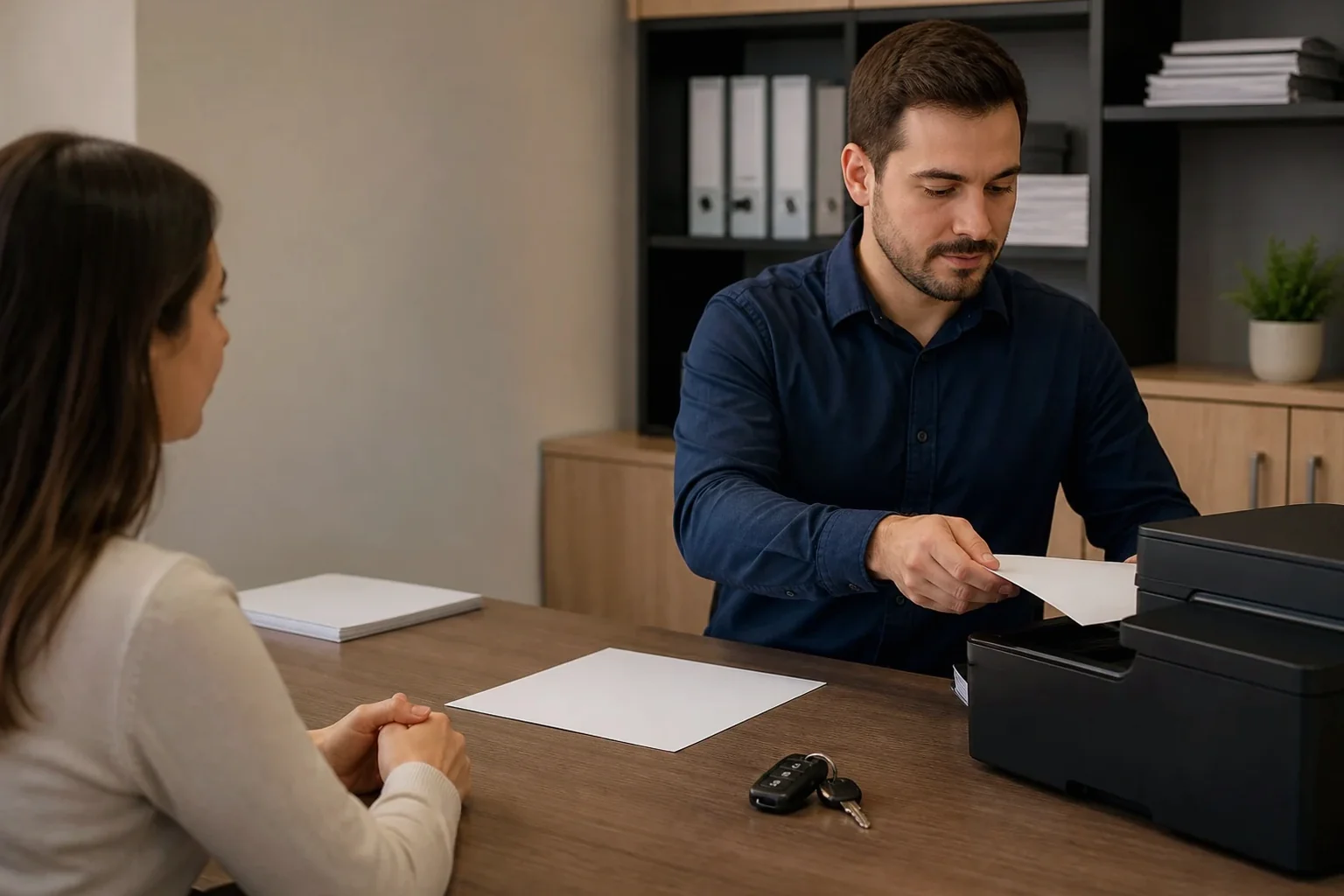 Cliente recebendo a segunda via do CRV das mãos de um despachante.