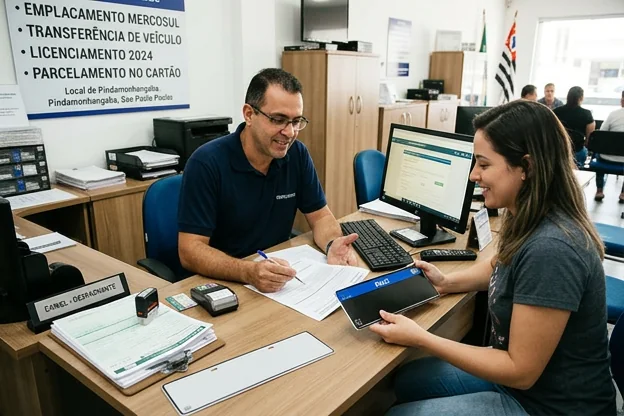 Cliente recebendo orientações sobre documentação para emplacamento.