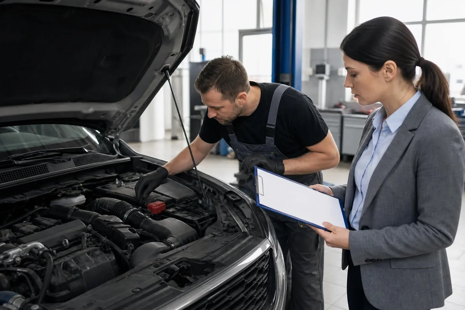 Despachante auxiliando cliente no cadastro de motor de veículo.