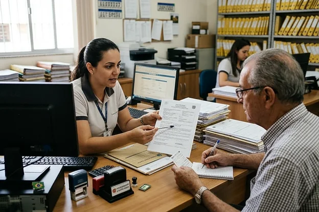 Despachante detalhando o processo de recurso de multa para cliente.