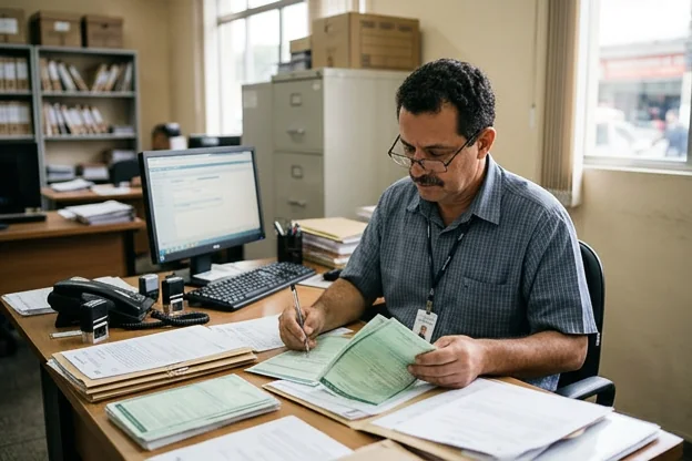 Despachante revisando documentos para regularização de veículo.